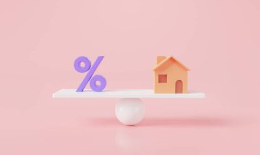 3d Ev ve Yüzde Sembolü dengeleme ölçeğinde. Faiz oranı finansal ve ipotek oranları kavramı. Emlak işi ipotek yatırımı ve finansal kredi. Yeni evim. 3B resim oluşturma simgesi