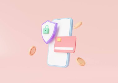Çevrimiçi ödeme güvenliği konsepti. Kredi kartı, madeni para, çevrimiçi alışveriş için finansal güvenlik, ödeme koruması, iş finansmanı, güvenli mobil bankacılık. 3d simge görüntüleme.