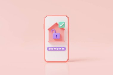 Pembe arka planda ev kilidi simgesi olan akıllı ev kontrollü akıllı telefonun 3D simgesi. Ev otomasyonu, ev güvenliği, uzaktan ev güvenliği. Çizgi film biçimi
