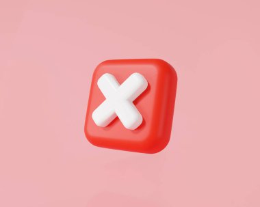 Pembe arka planda izole edilmiş bir karede 3D kırmızı işaret simgesi. Çapraz sembol, Blot ve yasaklama ikonu, yanlış, reddedilme, yanlış ve onaylanmamış, karşı ve reddedilme. 3d asgari resim çizimi