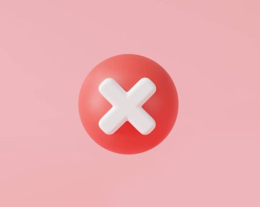 Pembe arka planda izole edilmiş bir çemberde 3 boyutlu kırmızı işaret simgesi. Çapraz sembol, Blot ve yasaklama ikonu, yanlış, reddedilme, yanlış ve onaylanmamış, karşı ve reddedilme. 3d asgari resim çizimi