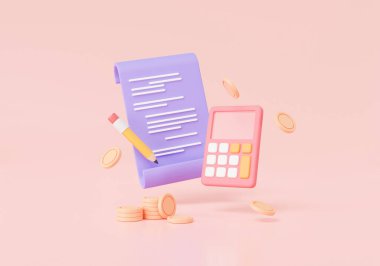 Finans raporları içeren hesap makinesi simgesi ve kağıt belgesi. Bütçe planlaması, mali hesaplama, kağıt tasarısı, işlem makbuzu, finans analisti. Ekonomi eğitimi konsepti 3D çizim
