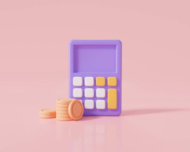 Asgari stil hesap makinesi ve madeni para yığını simgesi. Matematik aygıtı hesaplama, muhasebe için hesap makinesi tasarruf finansmanı, matematik aracı, bütçe. Finansal yönetim kavramı. 3d resim oluşturma simgesi