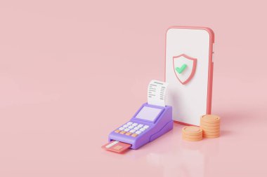 Telefon finansal güvenliği. Çevrimiçi mali işlemler, akıllı telefon ödemeleri, döviz transferi, çevrimiçi ödeme koruma, para transferi, iş finans kavramı 33d minimal resim oluşturma