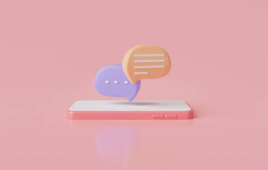 Cep telefonunda iki Sohbet balonu. Sosyal medya mesaj kavramı. Konuşma baloncukları, şov sohbetleri, kurye şekilleri, konuşma, diyalog, kurye, sohbet. Sosyal ağ iletişimi. 3d resim oluşturma simgesi