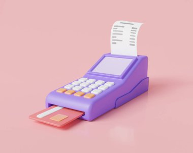Faturalı ve kredi kartlı Pos terminali. Pos terminal ödeme konsepti. Çevrimiçi alışveriş, elektronik fatura ödemesi, online para transferleri, kredi kartı okuyucu. 3d resim oluşturma simgesi