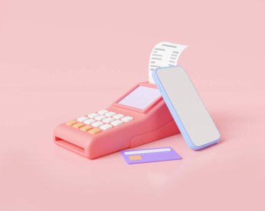Çevrimiçi ödeme kavramı. Pos terminal, makbuz ve kredi kartı ile mobil ödeme çevrimiçi alışveriş, elektronik fatura ödeme, çevrimiçi işlemler 3D ikon resimleme pastel pembe arka plan