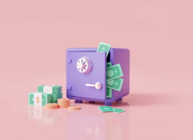 Safe box icon with coins stack and banknote and money fall out the open safe box on pastel pink background, cash, growth money, Financial security. Money saving concept. 3d rendering illustration