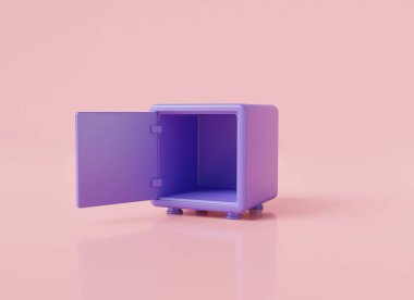İçinde pembe pastel arka planda izole edilmiş boş bir alan olan kasa. Tasarruf kavramı. Fakir, para, finansal güvenlik. 3d resim oluşturma simgesi, çizgi film minimal biçimi