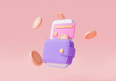 Online money transfer on mobile with wallet, credit card and coins. online payment, earning or making money, shopping online, money savings, financial transaction. 3d icon rendering illustration
