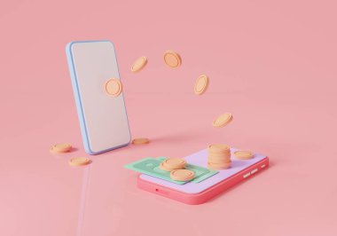 Cep telefonundan cep telefonuna para transferi. Finansal işlem, para transferi, çevrimiçi para, dijital cüzdan, nakit para kazanma veya para kazanma. Finansal tasarruflar. 3D resimleme