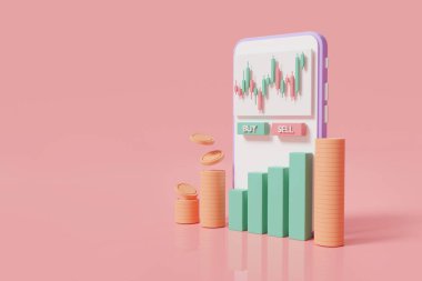 Cep telefonu ekranında şifreli para ticareti. Bitcoin şifreli para birimi. Büyüyen finansal endeks. Mobil ticaret. İnternet ticareti. Borsa. Eski ticaret kavramı. 3d resimleme