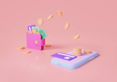 Money transfer on mobile phone with wallet. financial transaction, Money transfer, Money online, Digital wallet, Cashback, earning or making money. Financial savings. 3D icon rendering illustration