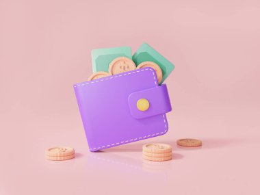 Pembe arka planda bozuk para ve banknot olan cüzdan. Çevrimiçi ödeme, banka, finans yatırımı, para cüzdanı, dijital cüzdan, iş, nakit para. Para biriktirme kavramı. 3d resimleme