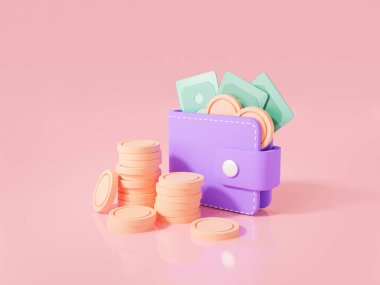 Wallet and coins stack on pink background, money saving concept. online payment. money transfer, Business finance, investment, cashback, profit, earning. 3d icon render illustration. minimal stlye