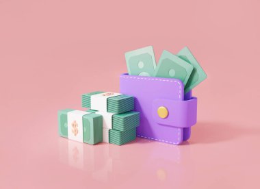 3d icon of wallet and banknotes on pink background, money saving concept. online payment. coins transfer, Business finance, investment, cash, commercial profit. 3d render illustration. minimal stlye