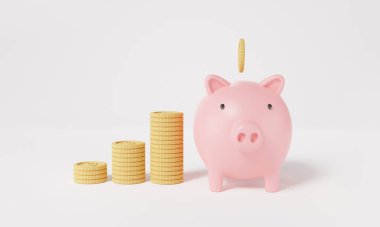 Bozuk paralar ve kumbaralar beyaz arka planda izole edilmiş. Finans, depolama parası, iş yatırımı. Tasarruf konsepti, para kulesi. Kopya alanı olan bir web pankartı. 3d resimleme