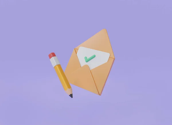 Envelope and pencil icon floating on purple background. online message concept. letter writing, Mail icon, Business news and invitations, Office document or message. 3d rendering illustration