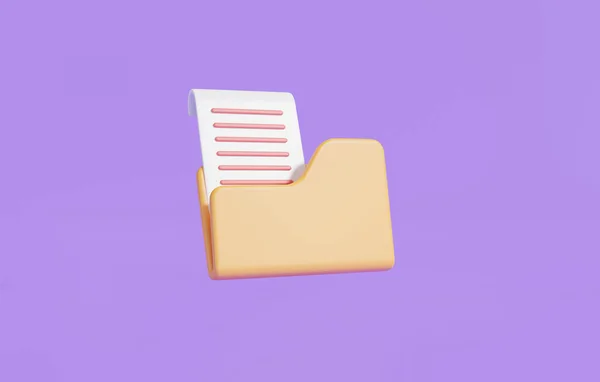 Yellow folder icon with paper document. data storage, Computer folder, archive for reports, folder with files, paper icon. File management concept. 3D rendering illustration, cartoon style minimal