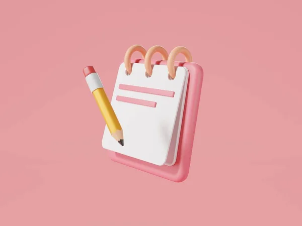 Pembe arkaplan, hatırlatma veya kontrol listesi ve eğitim konseptine izole edilmiş 3d Defter simgesi ve kalem çizimi. Not alın, not alın, pano, belge, not alın. Asgari biçim