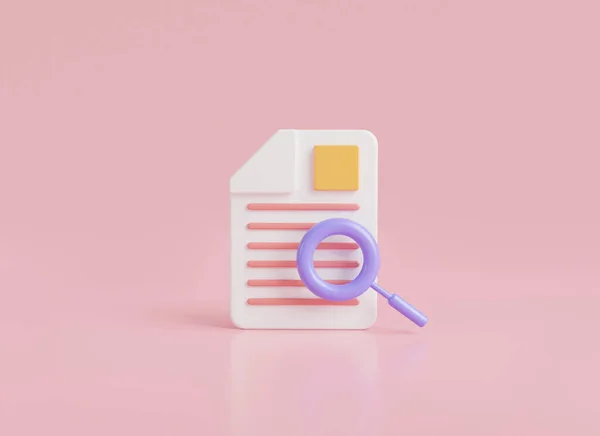 3d icon rendering illustration of paper document icon with magnifying glass isolated on pink background.  text document, worksheet, work document, File search. 3d document management concept.