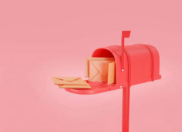 Weergave Illustratie Van Rode Mailbox Met Mail Geïsoleerd Roze Achtergrond — Stockfoto