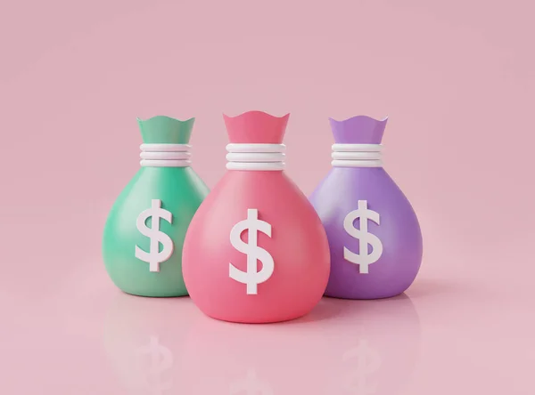 Money bags icon minimal style isolated on pink background . Business and finance, Dollar sign, investment, growth money. Money saving concept. minimal cartoon design. 3d rendering illustration