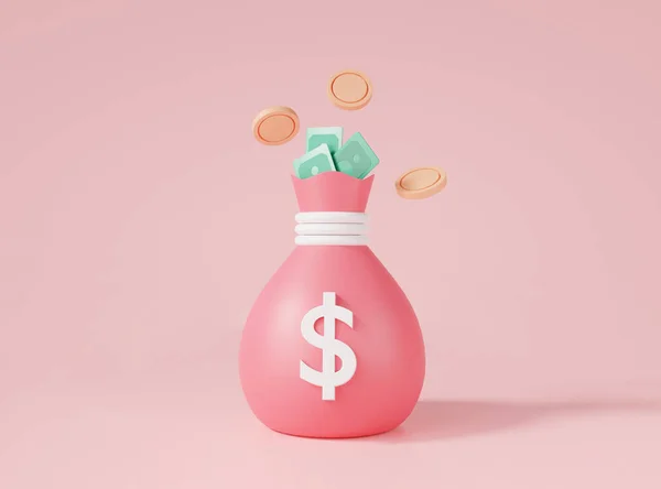 3d rendering illustration of money bag with banknote and floating coins isolated on pink background. Business and finance, investment, Cash, growth money. Money saving concept. minimal cartoon design.