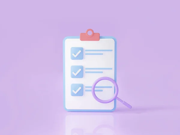 White clipboard with checklist and Magnifying glass about Successfully complete business assignments concept on pink background. Planning and organization of work. 3d Rendering illustration.