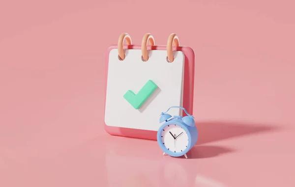 Pembe arkaplan, hatırlatma ya da kontrol listesi ve eğitim konseptine göre alarmlı saat simgesine sahip not defteri simgesi. Not, iş planı, belge, zaman yönetimi. 3D Resim Hazırlama. Asgari biçim