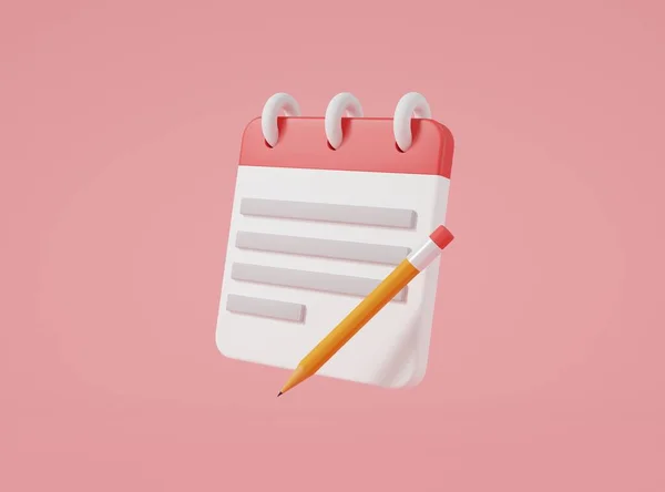 Note book icon and pencil isolated on pink background, Remind or checklist and education concept. Stick note, Clipboard, document, take notes. 3d Rendering illustration. Minimal style