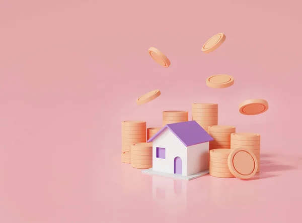 Coins Stack Home Pink Pastel Background Business Loans Real Estate — Stockfoto
