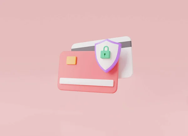 Credit card and Protection shield with padlock icon. Secure credit card transaction. Security, Secure Payment, debit ,credit card, lock card. Payment protection concept. 3d rendering illustration