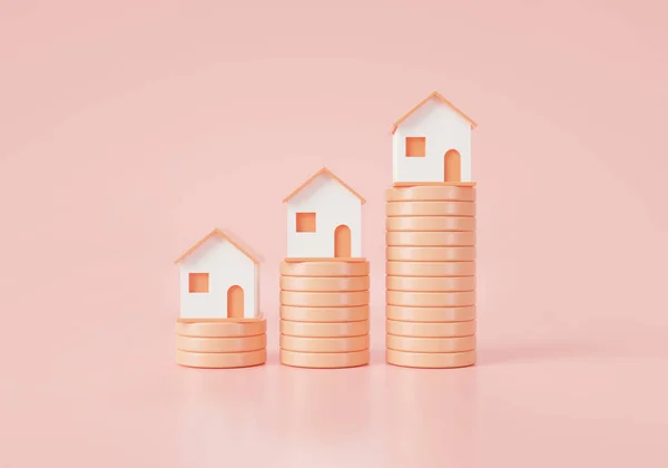 Coins stack and home on pink pastel background. Business loans for real estate concept. residential finance economy. house mortgage, home property investment. Saving money. 3D rendering illustration