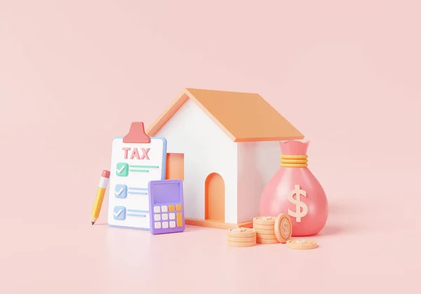 3d Home with Calculator, Checklist tax payment, bag money and coins. government taxation, residential property or estate tax concept, tax payment. 3d icon rendering illustration. minimal cartoon
