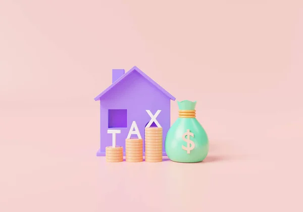 3d Home with  tax payment, bag money and coins stack. government taxation, home property, tax payment. residential property or estate tax concept. 3d icon rendering illustration. minimal cartoon