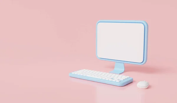 Gökyüzü mavisi bilgisayar, pembe arkaplanda izole edilmiş boş ekran simgesini kopyalama alanı ile görüntüler. Bilgisayar, defter, kopyalama alanı. Çizgi film tarzı asgari. 3d resimleme