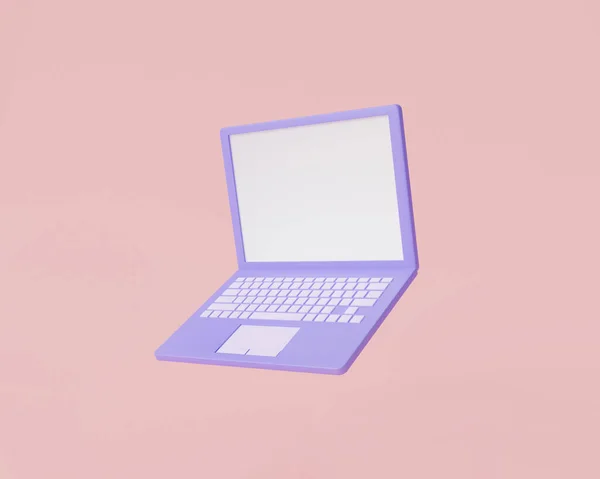 Pembe arkaplanda yüzen mor dizüstü bilgisayar boş ekran simgesi. Bilgisayar, defter, kopyalama alanı. karikatür minimal biçim 3d resimleme