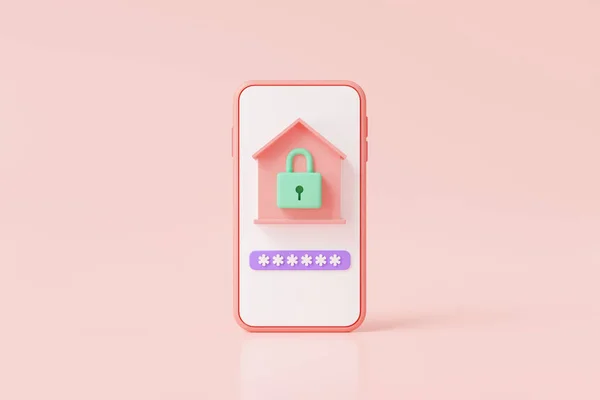 Smart Home Controlled Smartphone House Lock Icon Pink Background Home — Stock Photo, Image