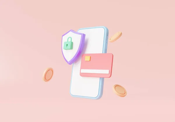 Çevrimiçi ödeme güvenliği konsepti. Kredi kartı, madeni para, çevrimiçi alışveriş için finansal güvenlik, ödeme koruması, iş finansmanı, güvenli mobil bankacılık. 3d simge görüntüleme.