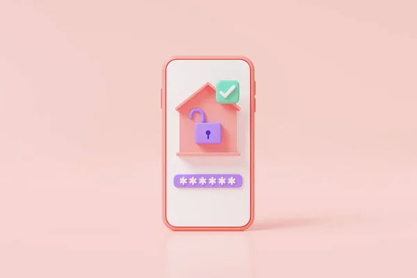 Icon Render Illustration Smart Home Controlled Smartphone House Unlock Icon - Stock-foto