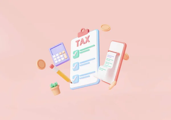 Tax filing online via phone service floating on pink background. Government Tax, calculator, cash, coins, Tax form Checklist. Tax payment anb business concept. 3d render illustration. cartoon minimal