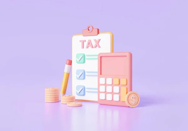 Tax payment concept.3d render illustration of calculator and Checklist tax payment on pink background.financial management, calculator, cash, coins, tax form, business tax, accounting, budget planning