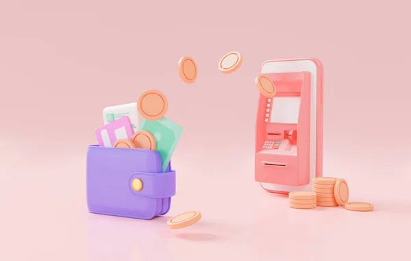 Çevrimiçi para transferi konsepti. Cüzdan, bozukluklar, banknotlar, fatura ve kredi kartı. Mobil bankacılık, çevrimiçi para, finansal işlem, ATM, mali tasarruflar, online ödeme. 3d simge görüntüleme