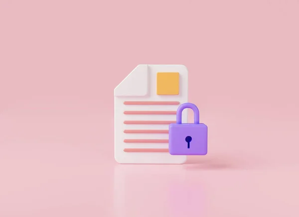 Paper documents icon with padlock. document management. Modern private file, safe confidential information, lock file, Text file, lock text document, Data security concept.3D rendering illustration