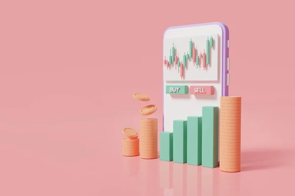 Cep telefonu ekranında şifreli para ticareti. Bitcoin şifreli para birimi. Büyüyen finansal endeks. Mobil ticaret. İnternet ticareti. Borsa. Eski ticaret kavramı. 3d resimleme