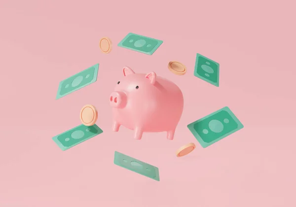 Piggy Bank Met Bankbiljetten Contant Geld Drijvend Roze Achtergrond Banking — Stockfoto