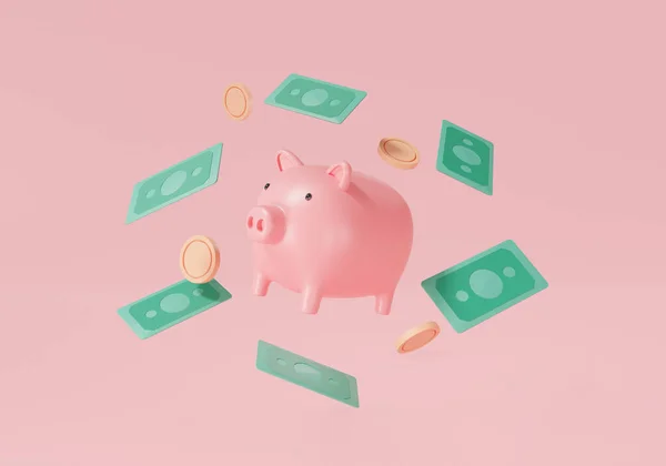 Piggy bank with Banknotes cash floating on pink background.Banking investment, transaction, growth money, Money saving, Business finance, payment transfer, dollar bill. 3d rendering illustration