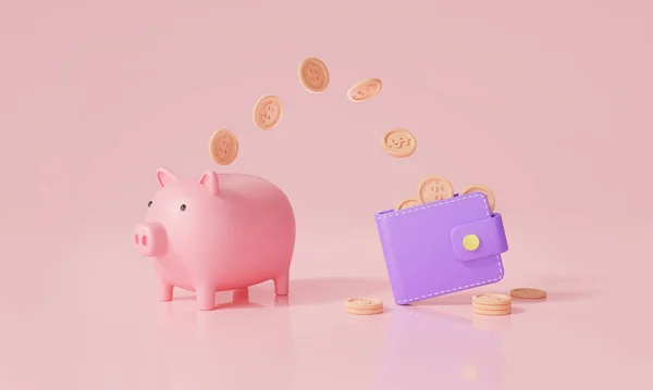 Money coins transfer from wallet into piggy bank isolated on pink background. Business finance,storage money, financial transactions, Business investment.saving money concept.3D rendering illustration