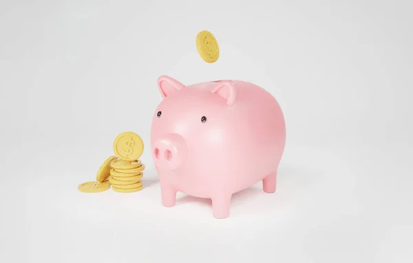 Roze Spaarvarken Bank Met Gouden Munten Roze Pastel Achtergrond Financiën — Stockfoto